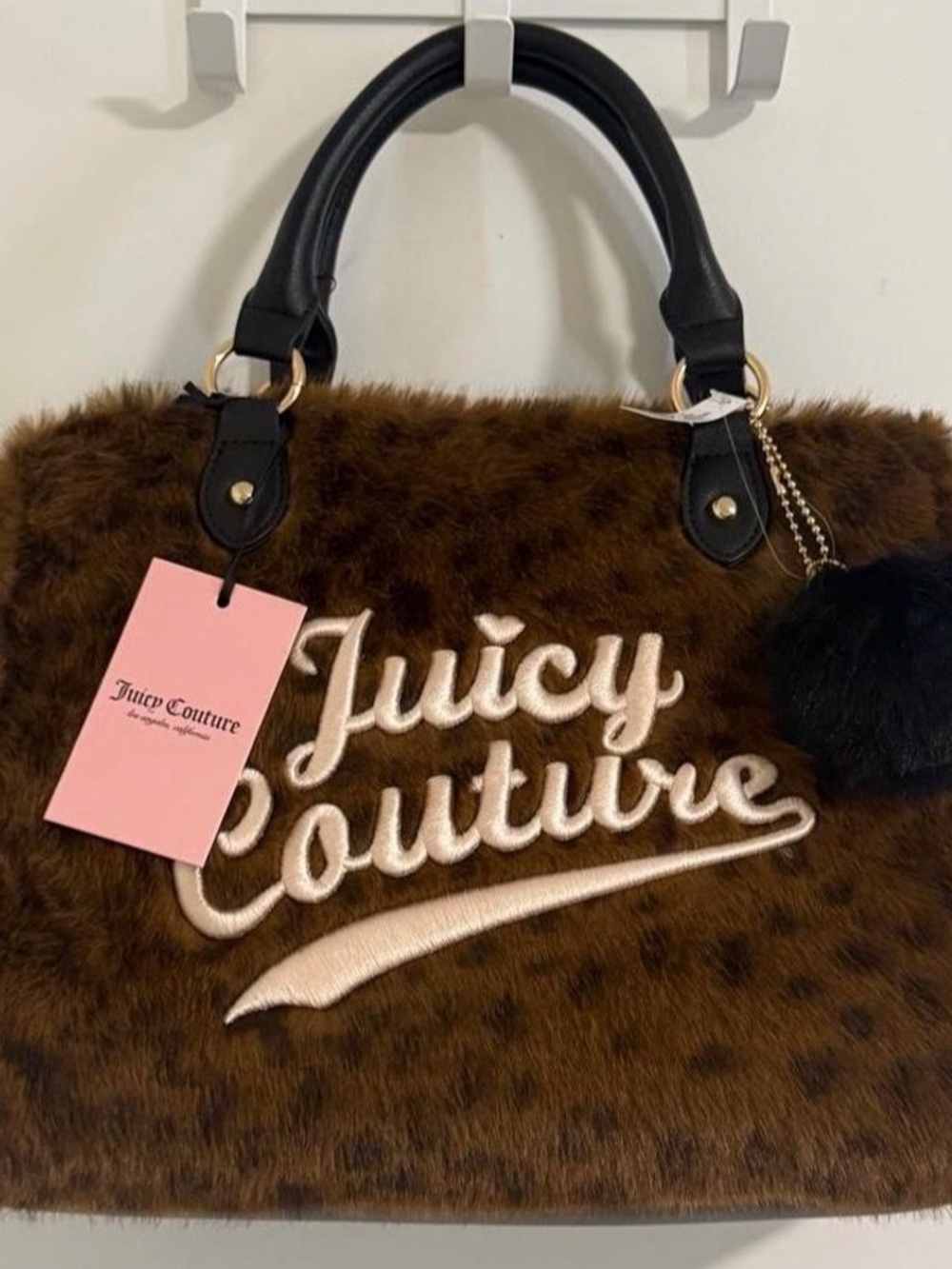 Juicy Couture Brown Faux-Fur Logo Tote with Black Handles and Pom Charm
